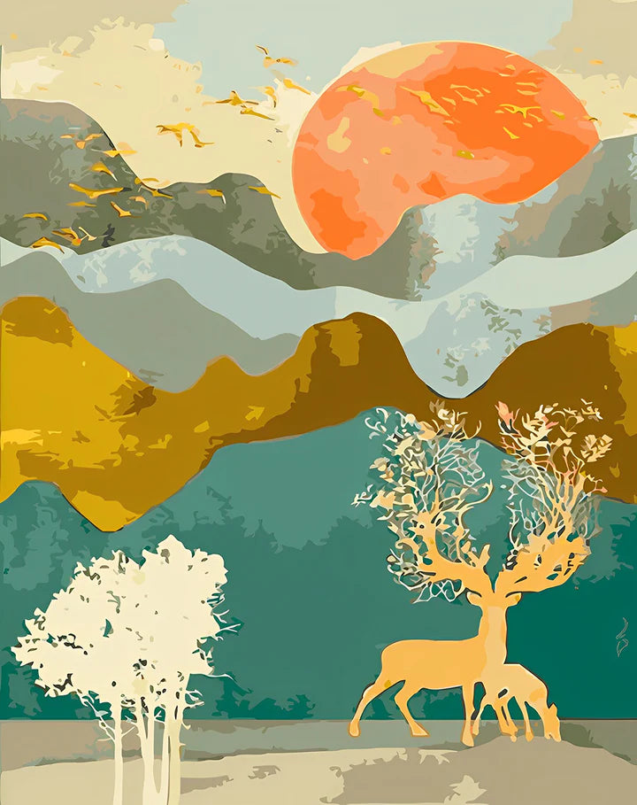 Malen Nach Zahlen - Abstrakter Hirsch bei Sonnenuntergang