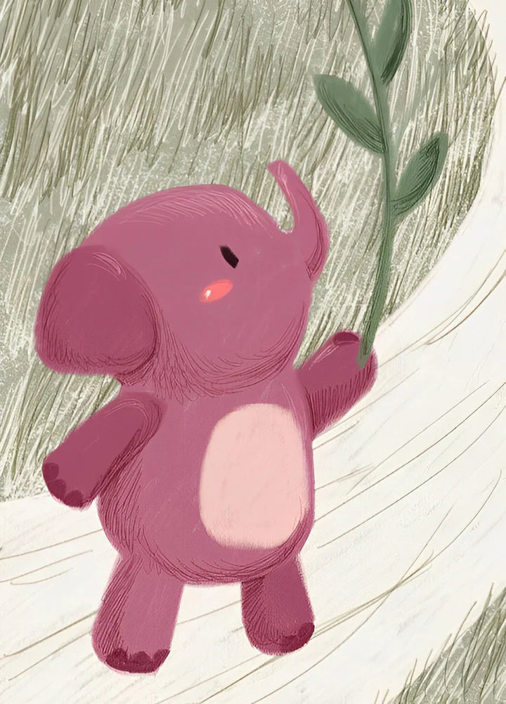 Malen Nach Zahlen - Rosa Cartoon Elefant mit einem Zweig