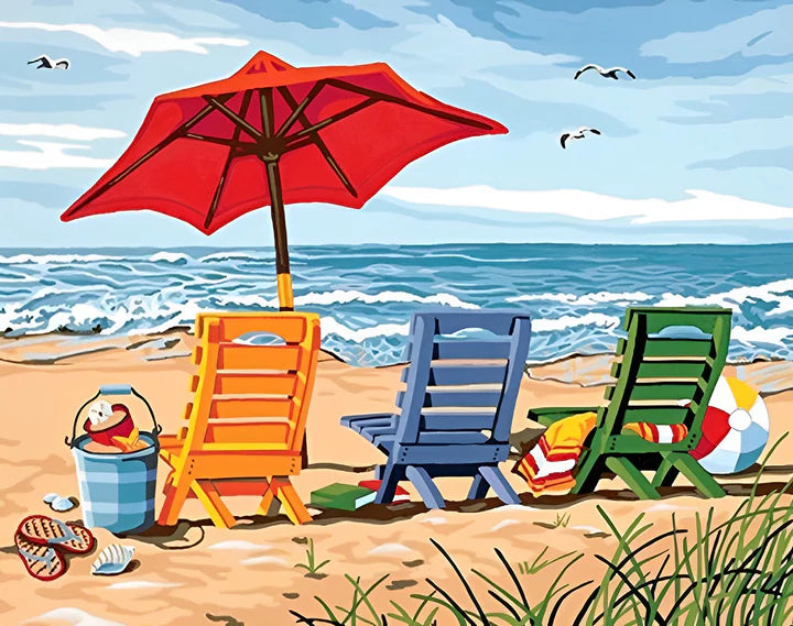Malen Nach Zahlen - Strandstühle und roter Sonnenschirm