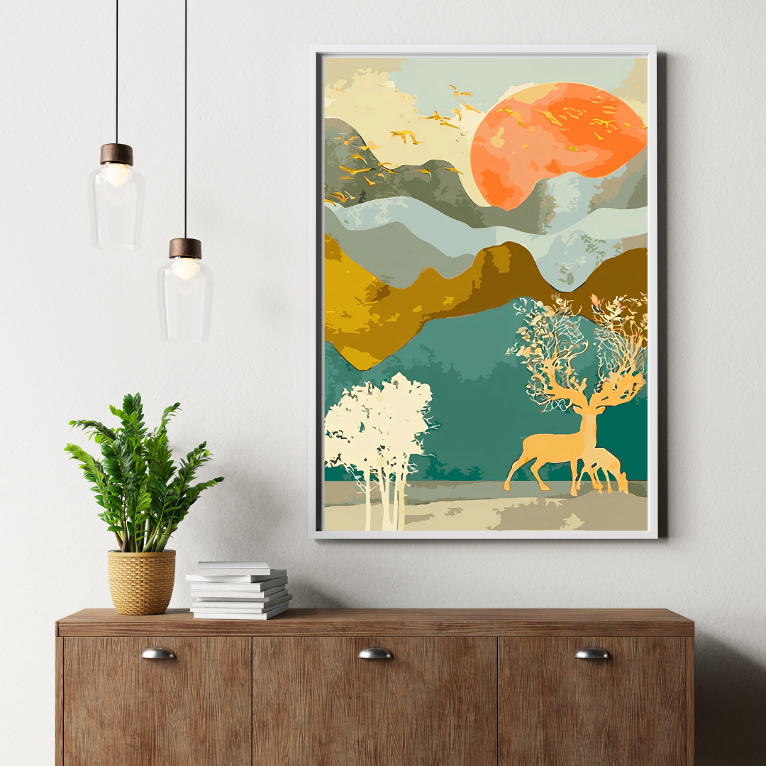 Malen Nach Zahlen - Abstrakter Hirsch bei Sonnenuntergang