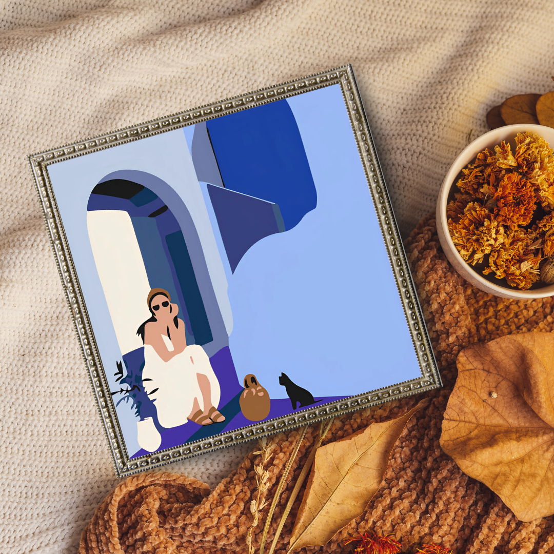 Malen Nach Zahlen - Frau auf blauen Stufen sitzend