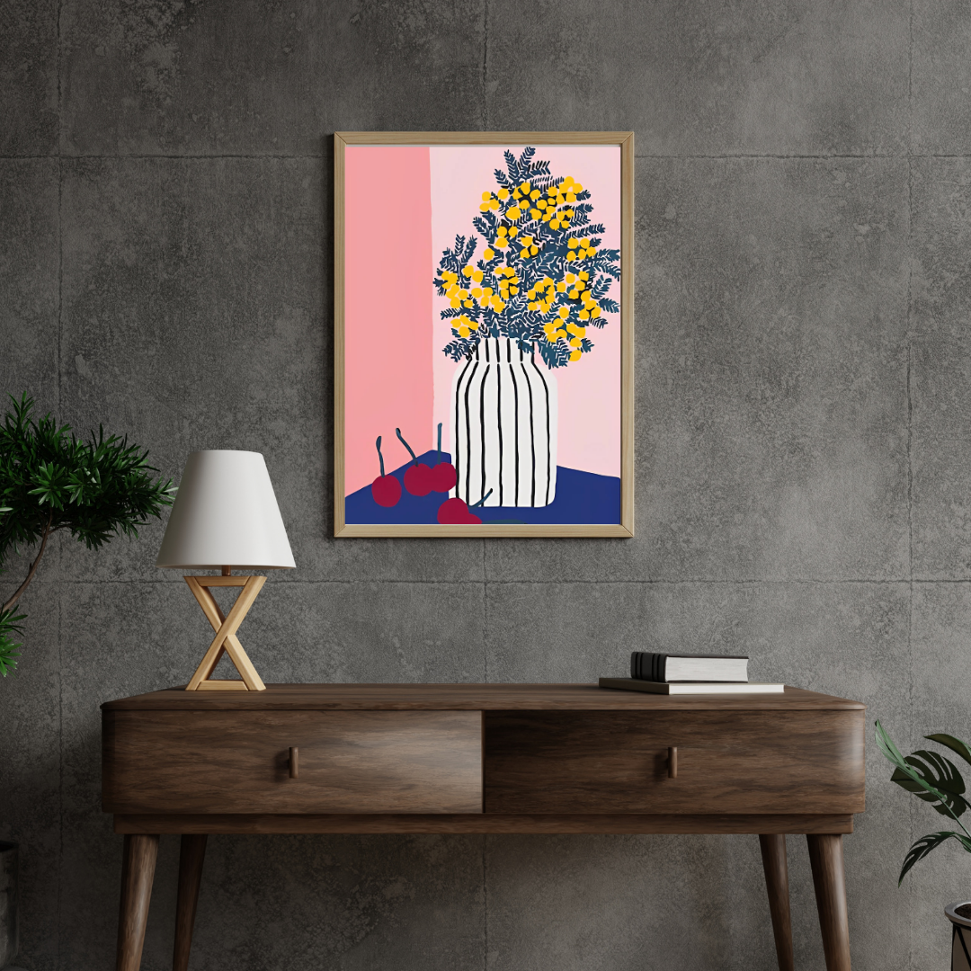 Malen Nach Zahlen - Gelbe Blumen auf rosa Hintergrund