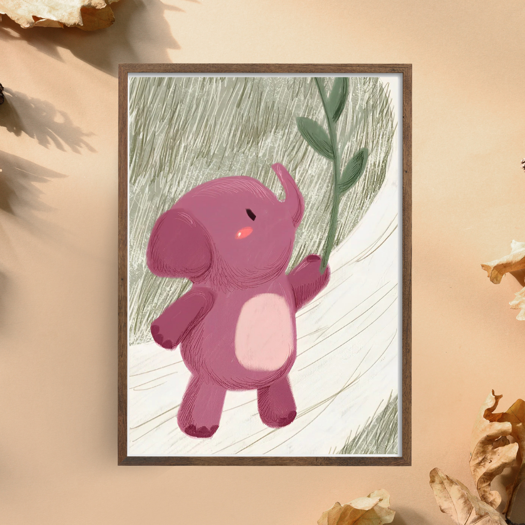 Malen Nach Zahlen - Rosa Cartoon Elefant mit einem Zweig