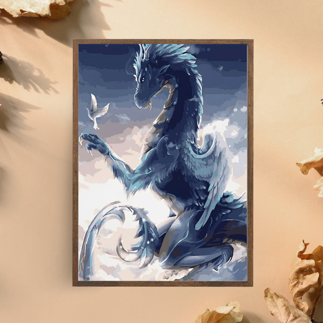 Malen Nach Zahlen - Schwarzer Drache und weißer Vogel