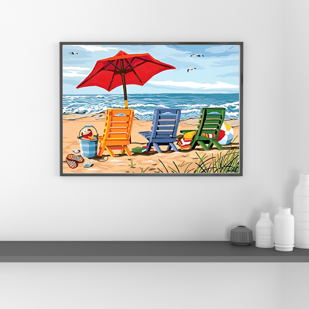 Malen Nach Zahlen - Strandstühle und roter Sonnenschirm