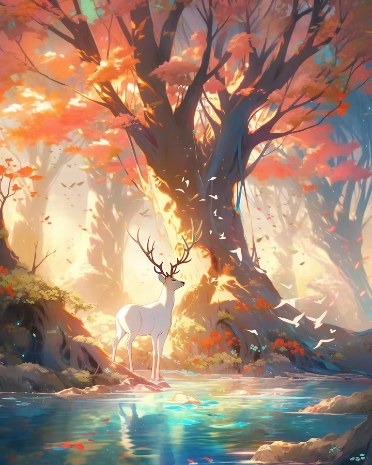 Malen nach Zahlen - Das weiße Hirsch im Herbstwald
