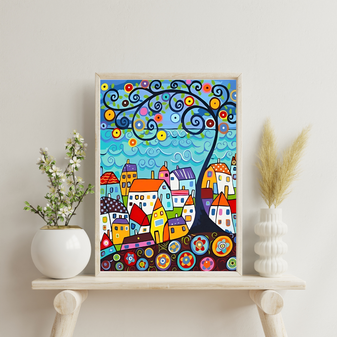 Malen nach Zahlen - Abstrakte Häuser und Baum