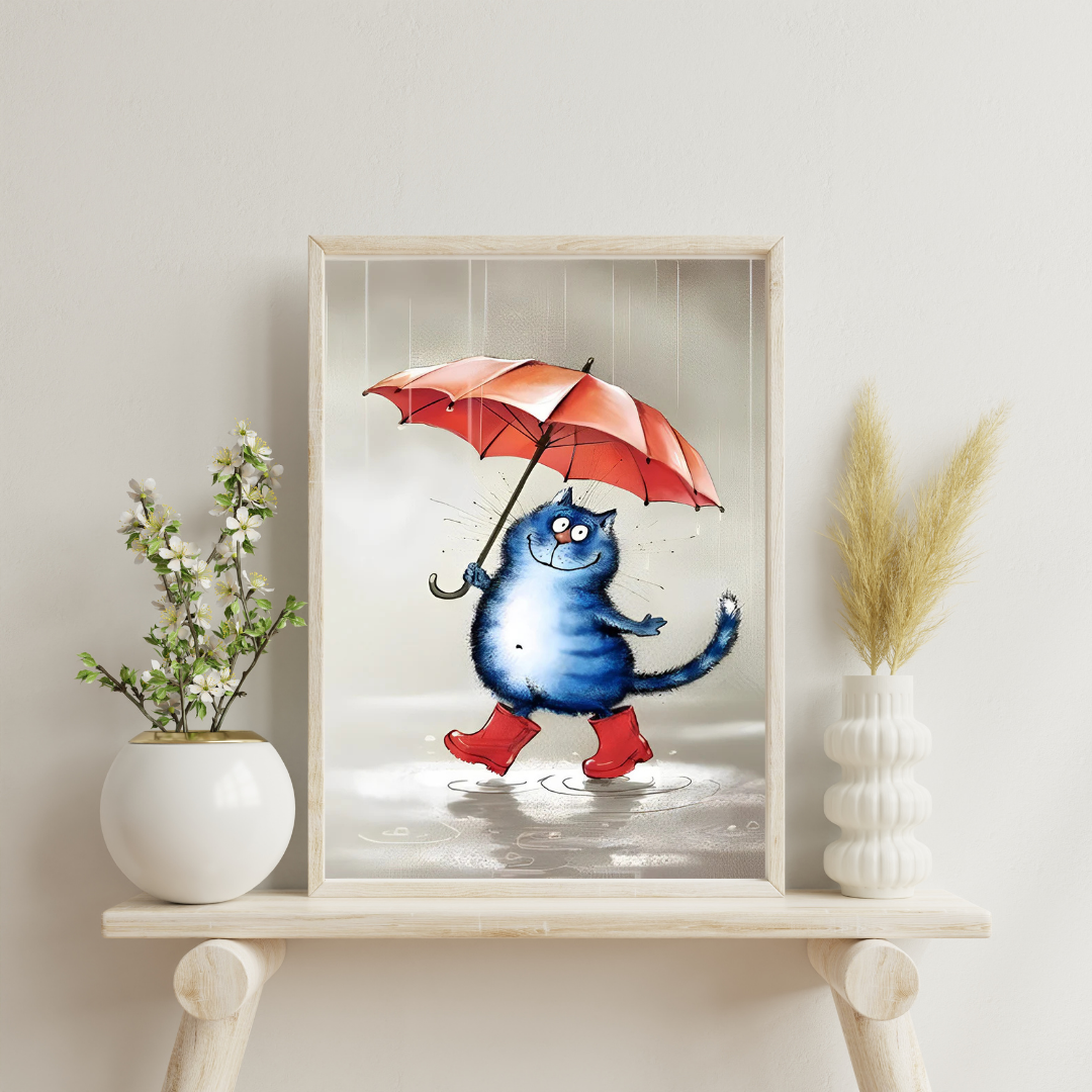 Malen nach Zahlen - Blaue Katze mit rotem Regenschirm