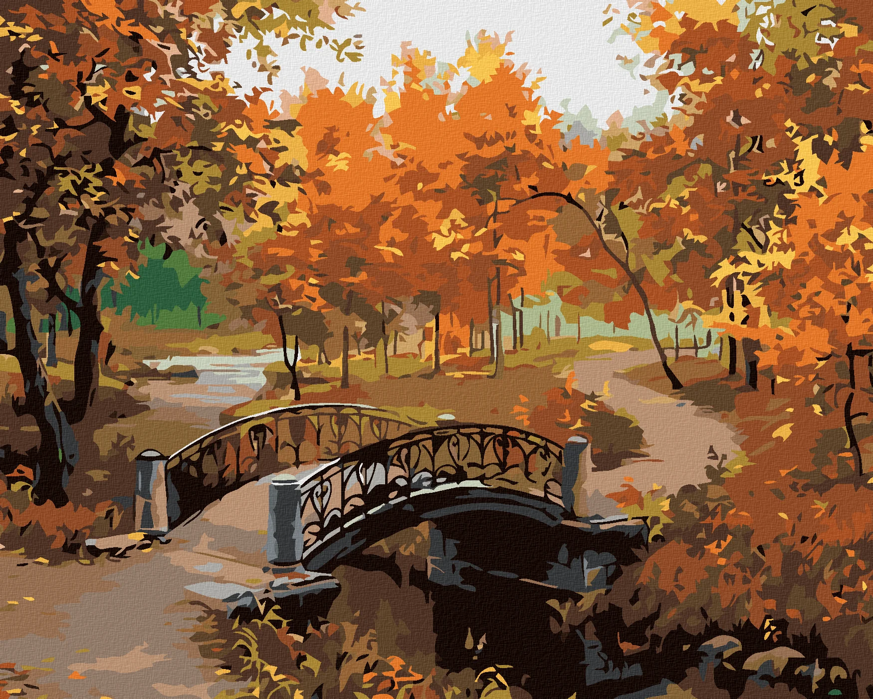 Malen nach Zahlen - Brücke und Herbstbäume