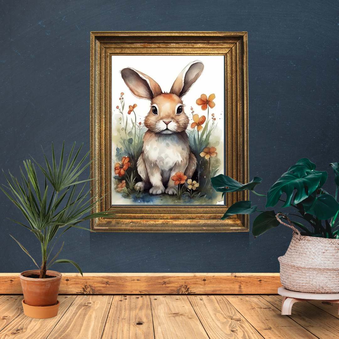 Malen nach Zahlen - Brauner Hase mit Blumen und Schmetterling