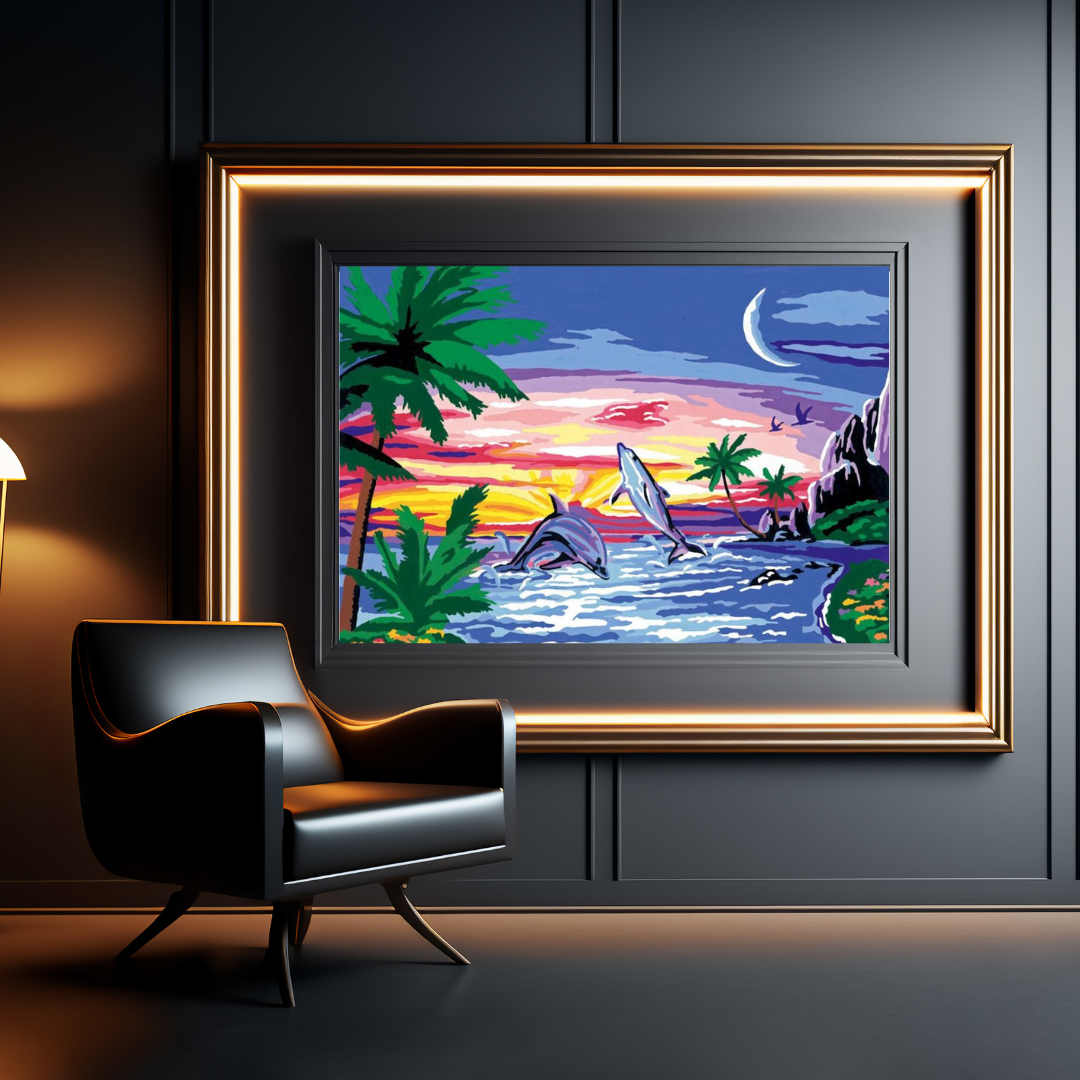 Malen nach Zahlen - Der Delfin und die Szenerie bei Sonnenuntergang