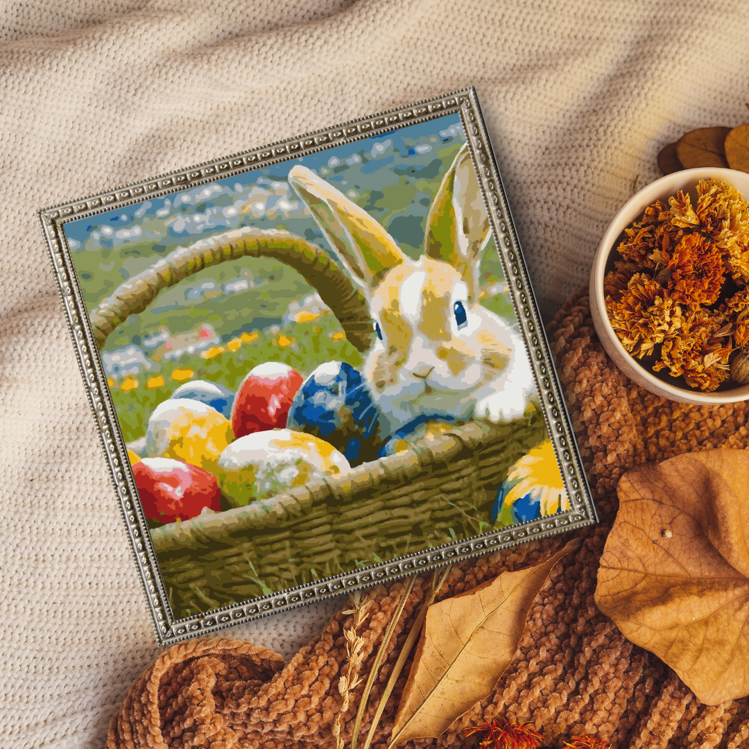 Malen nach Zahlen - Der Osterhase liegt im Korb mit bunten Eiern