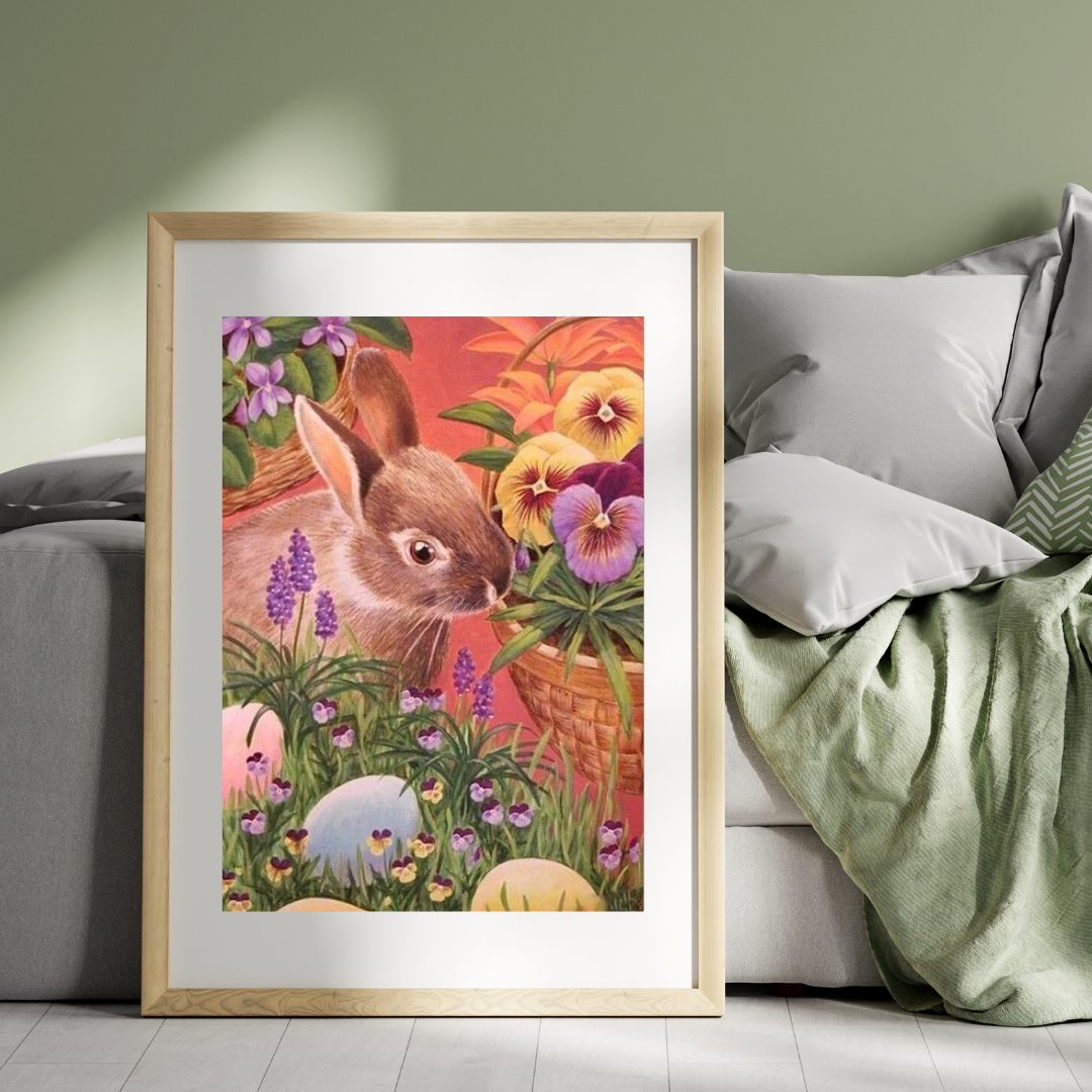 Malen nach Zahlen - Ein Osterhase mit Blumen neben den Eiern