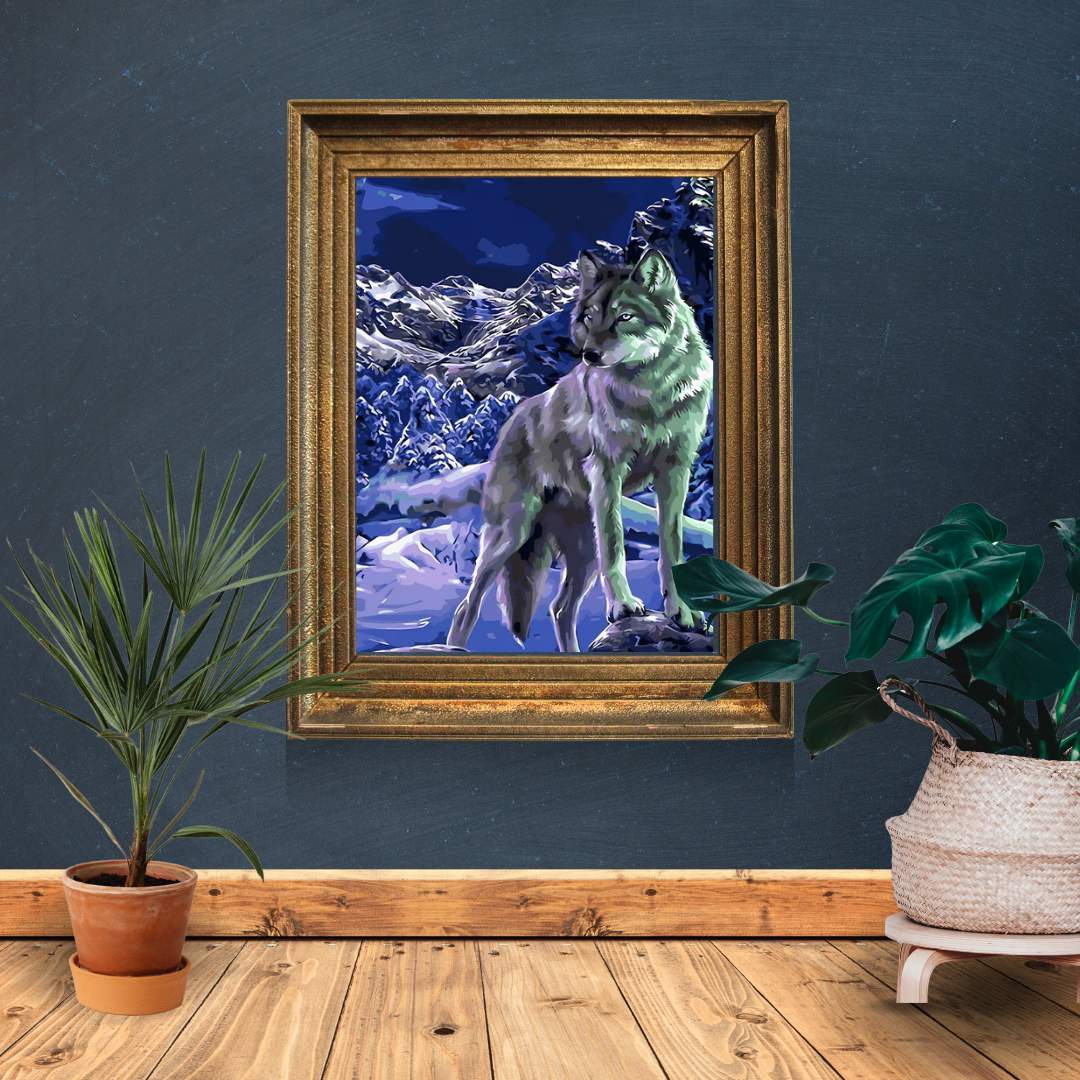 Malen nach Zahlen - Einsamer Wolf in der Schneenacht