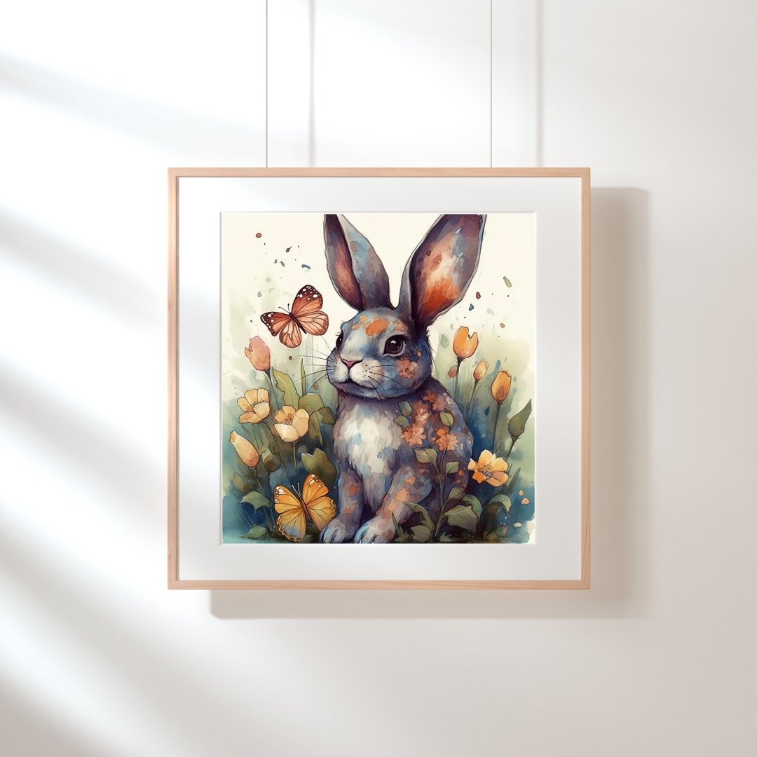 Malen nach Zahlen - Grauer Hase mit Blumen und Schmetterling