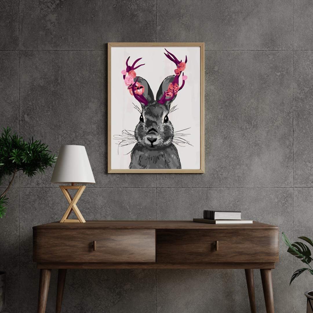 Malen nach Zahlen - Graues Kaninchen mit lila Geweihen