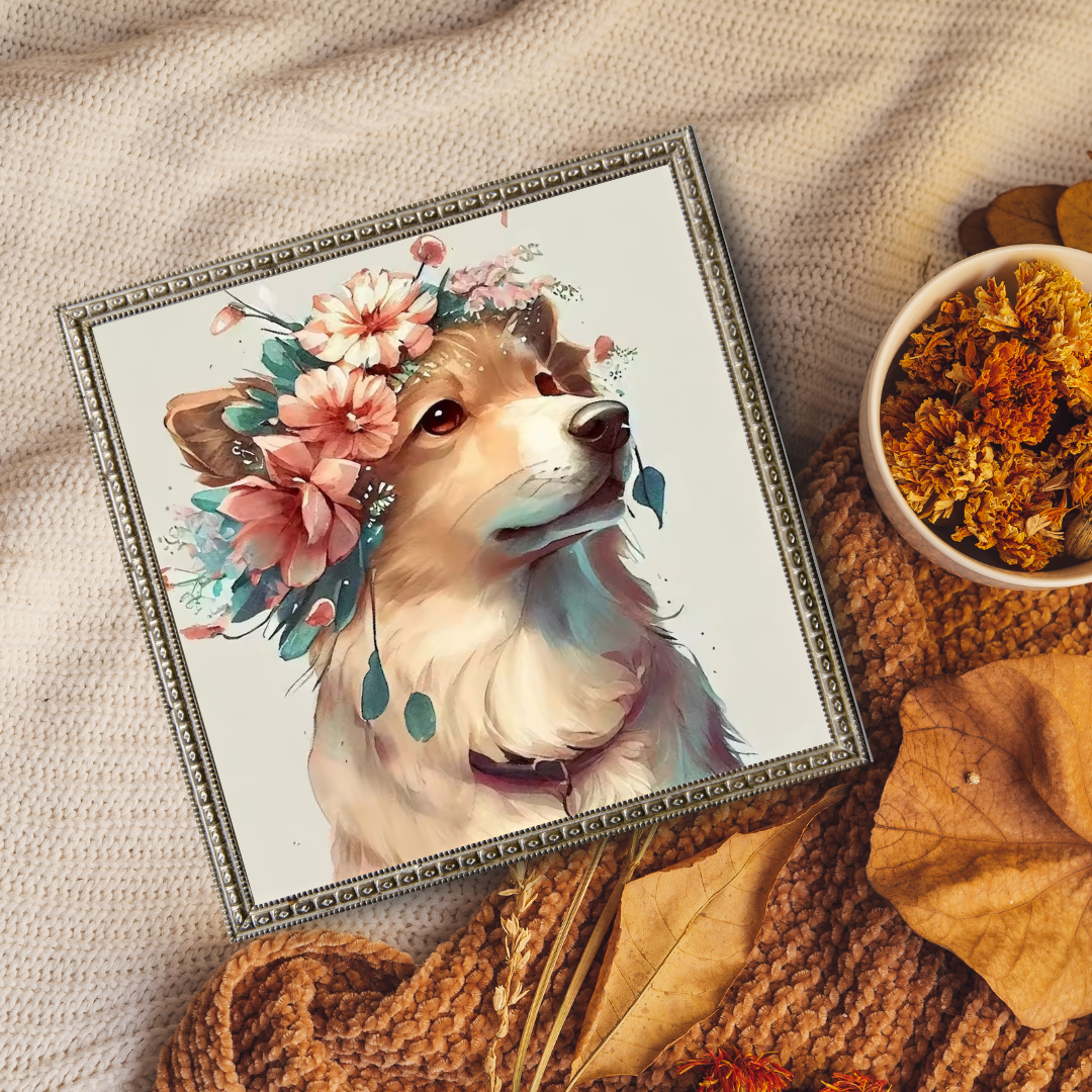 Malen nach Zahlen - Hund trägt einen Kranz aus Rosen