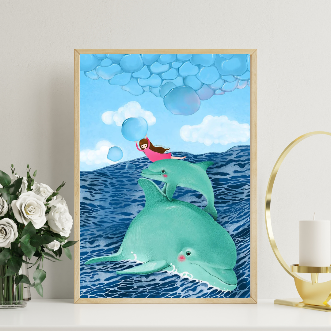 Malen nach Zahlen - Mädchen und grüne Delfine