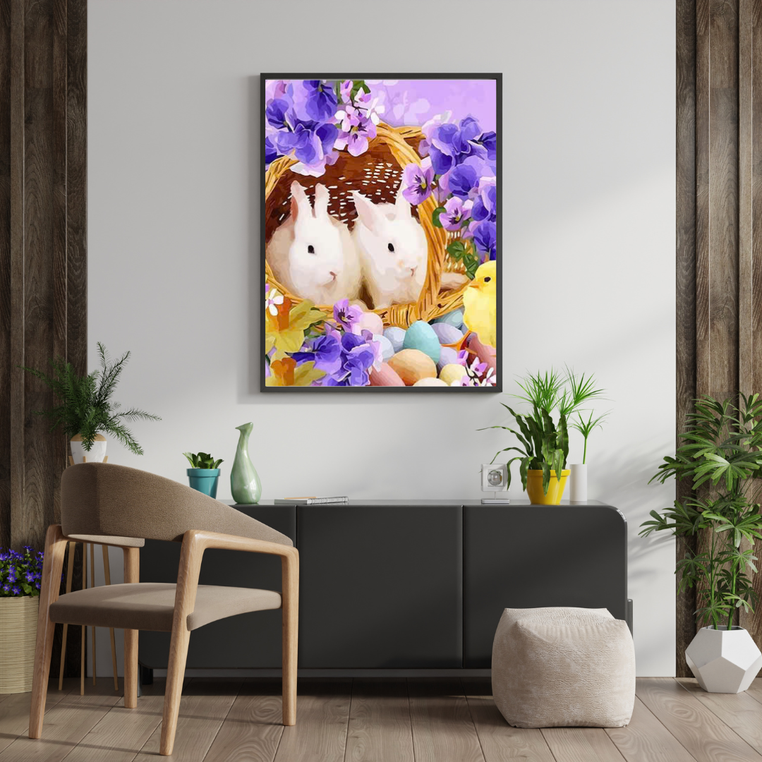 Malen nach Zahlen - Osterhasen im Korb mit gelbem Küken