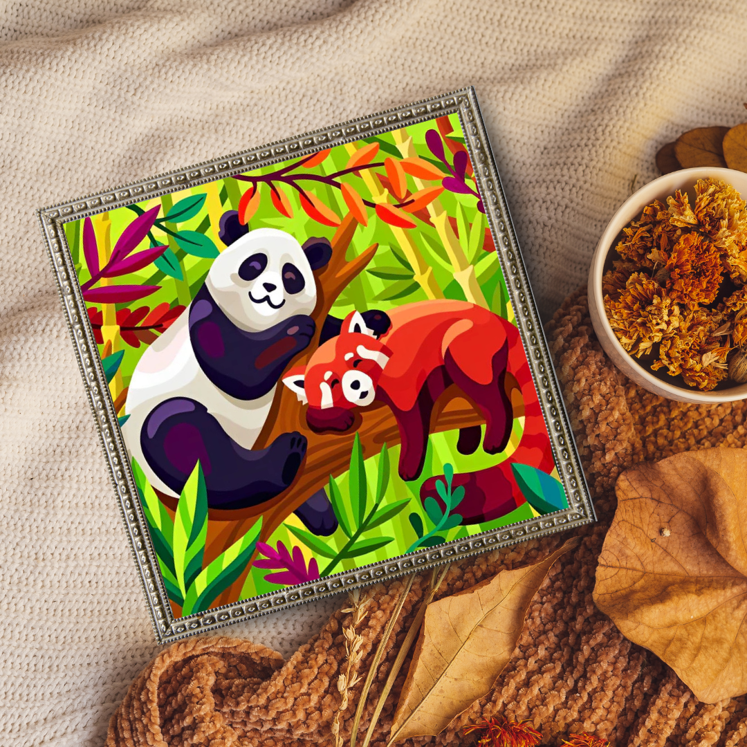 Malen nach Zahlen - Panda und Fuchs auf dem Baum