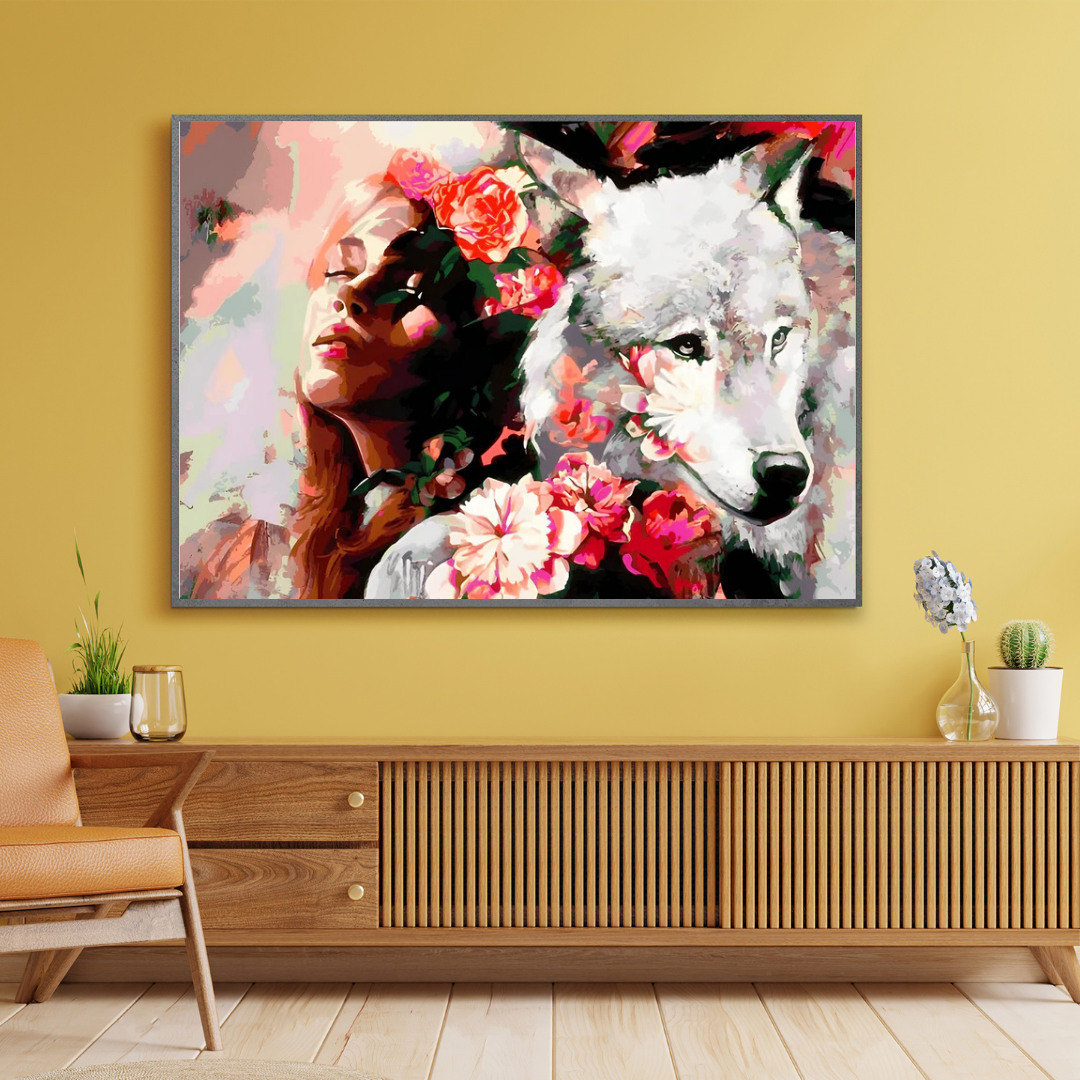 Malen nach Zahlen - Weißer Wolf und Mädchen