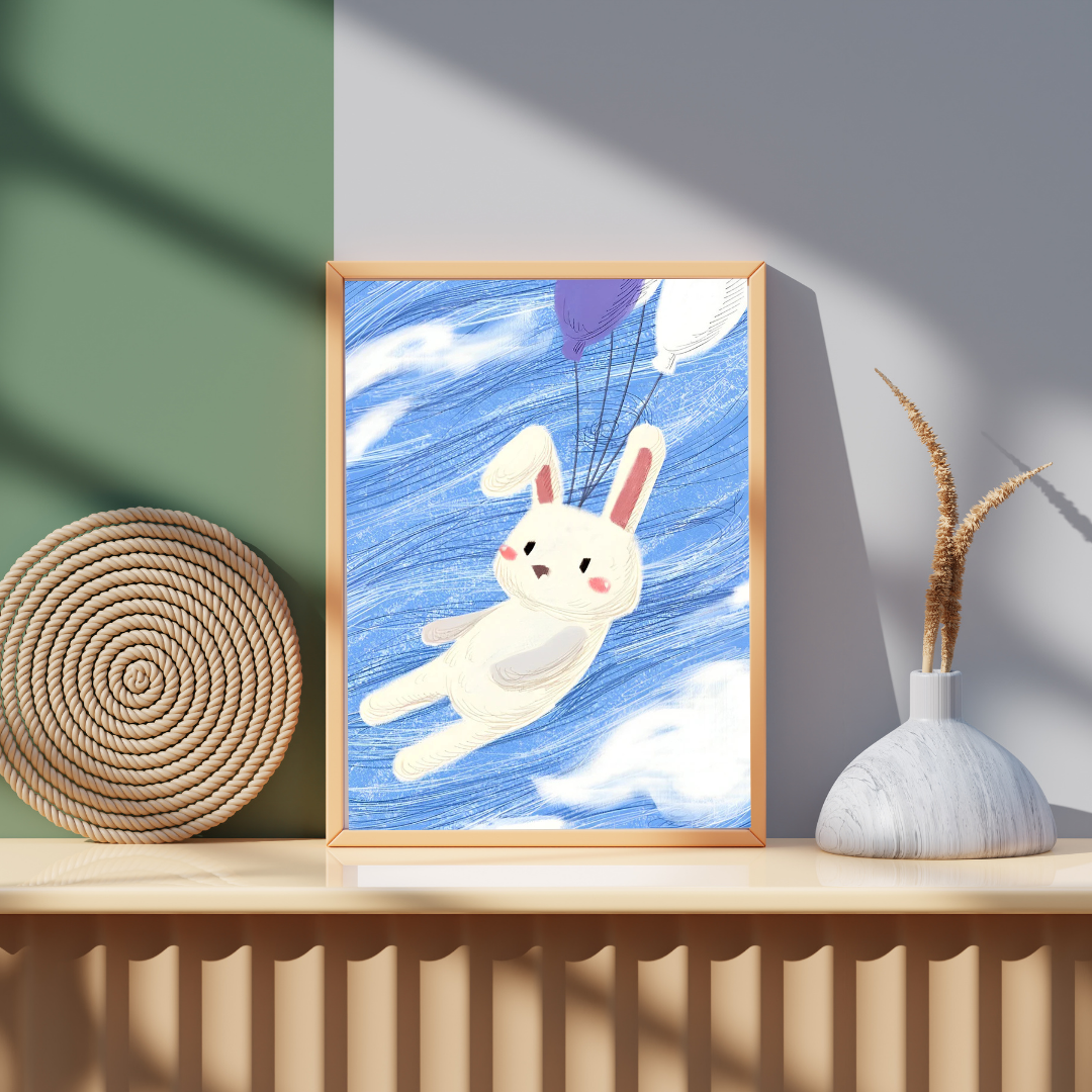 Malen nach Zahlen - Weißes Kaninchen mit Ballons am Himmel