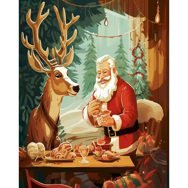 Malen Nach Zahlen - Der Weihnachtsmann Und Das Rentier Am Esstisch
