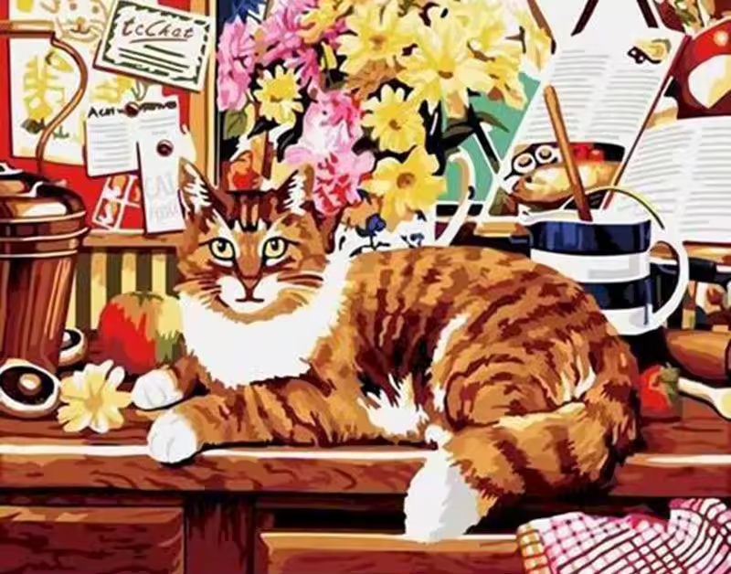 Malen Nach Zahlen - Die Gelbe Katze Auf Dem Schreibtisch