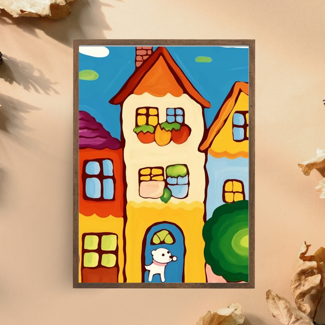 Malen Nach Zahlen - Buntes Haus und weißes Hündchen