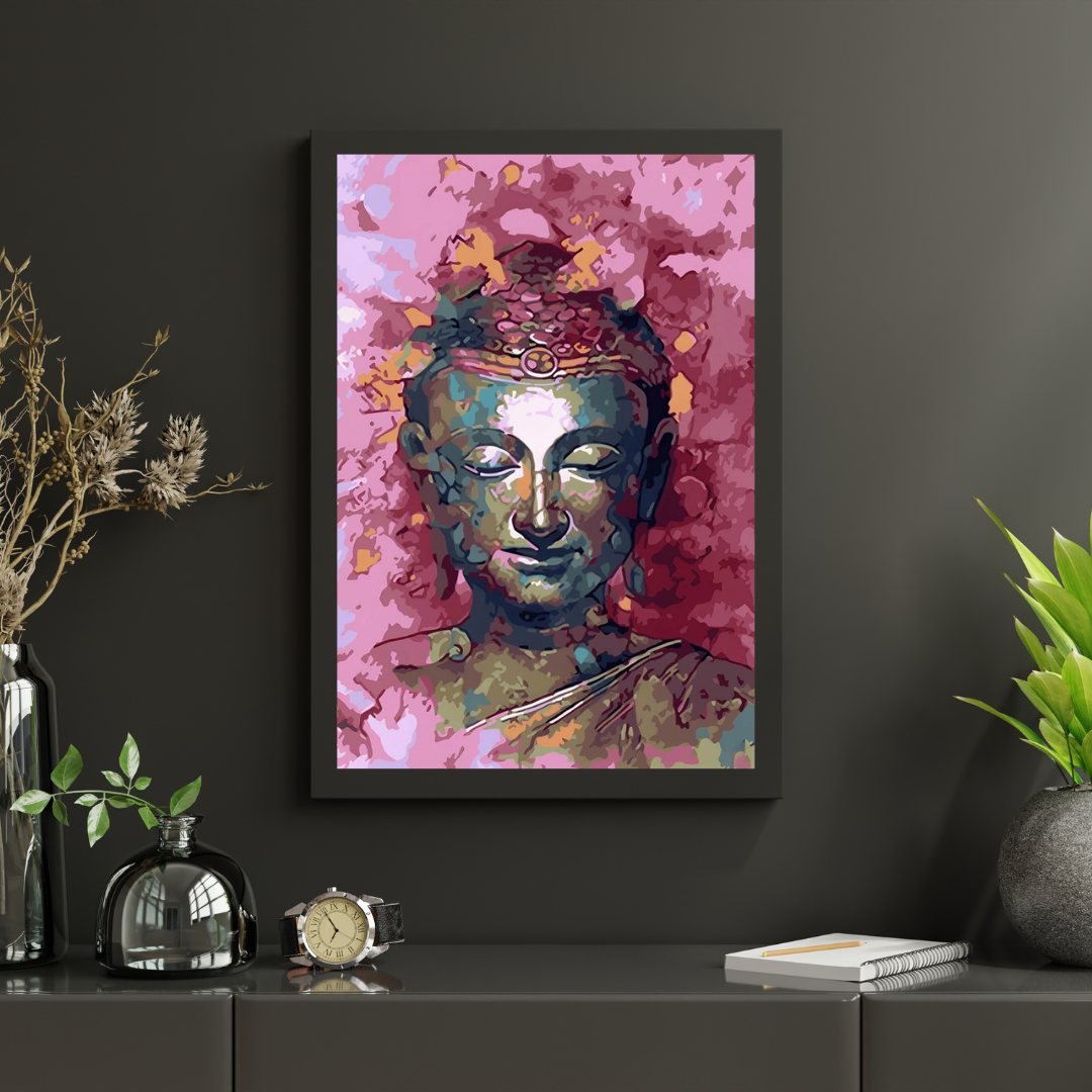 Malen nach Zahlen - Bronzene Buddha-Statue auf rosa Hintergrund