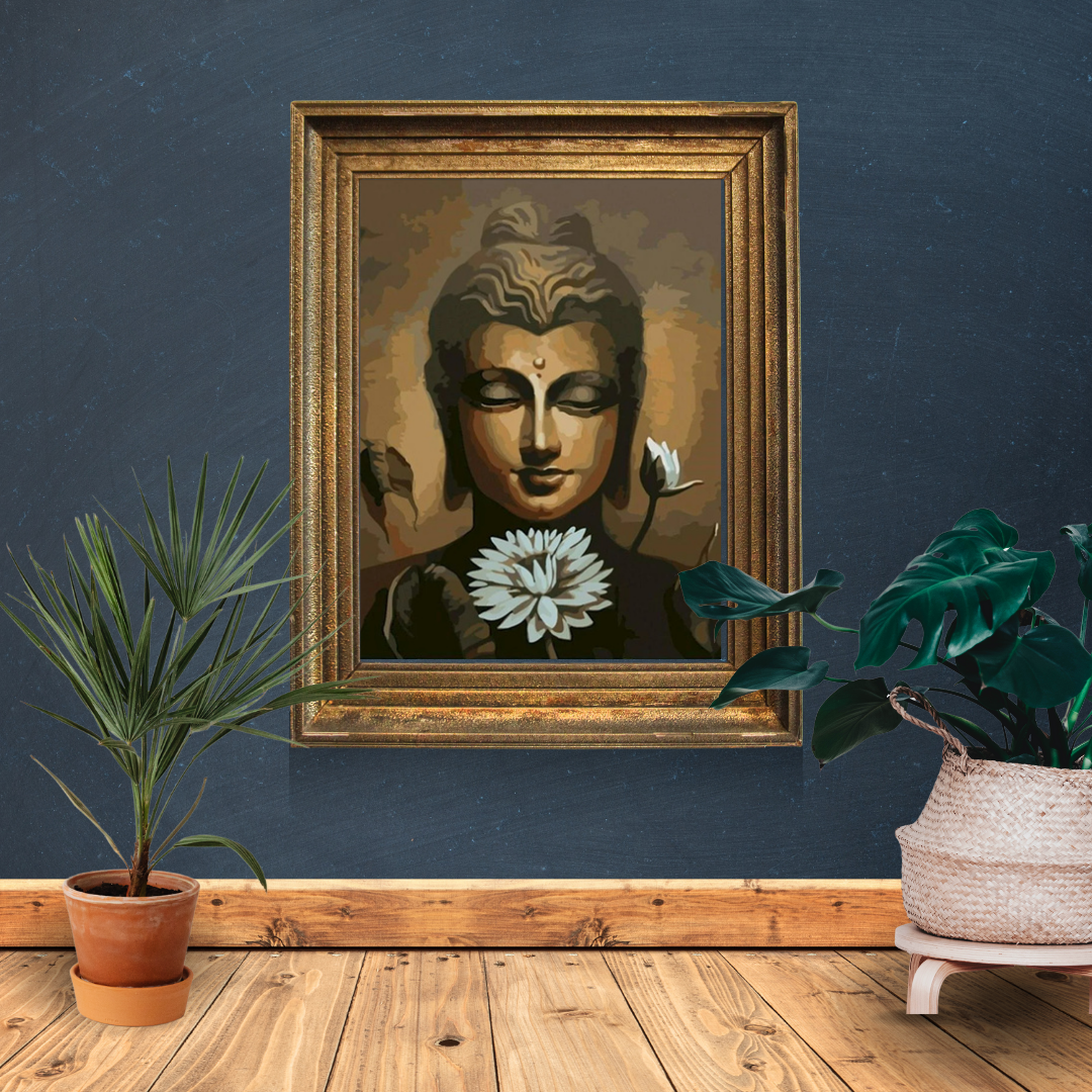 Malen nach Zahlen - Buddha Statue und weiße Lotusblumen