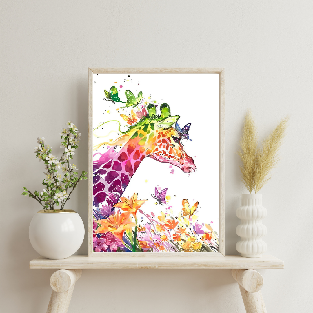 Malen nach Zahlen - Bunte Giraffe, Schmetterlinge und Blumen