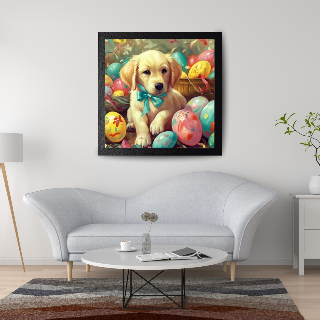 Malen nach Zahlen - Der Hund mit der blauen Schleife und dem Osterei