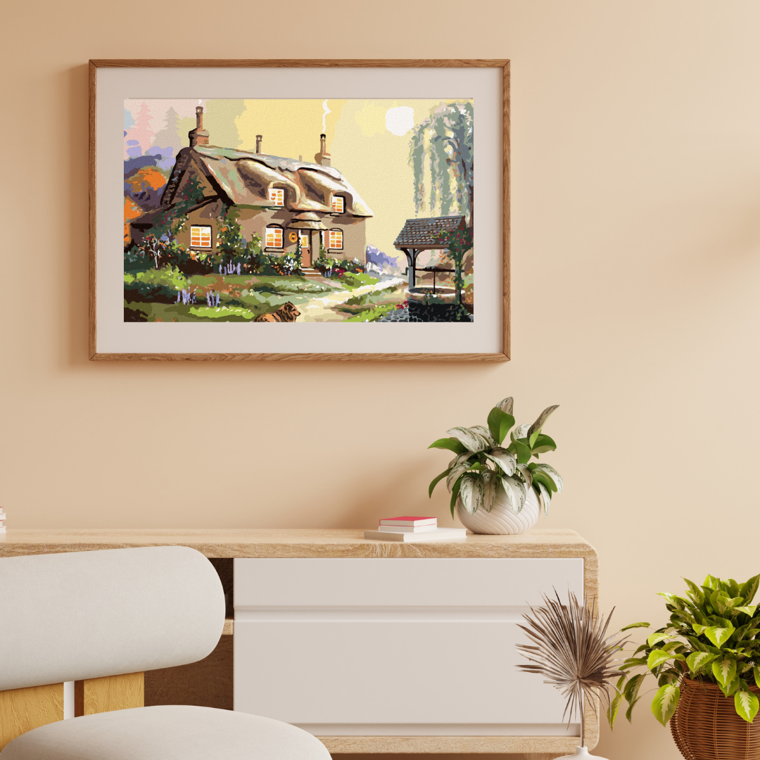 Malen nach Zahlen - Hund Vor Einer Hütte Und Brunnen