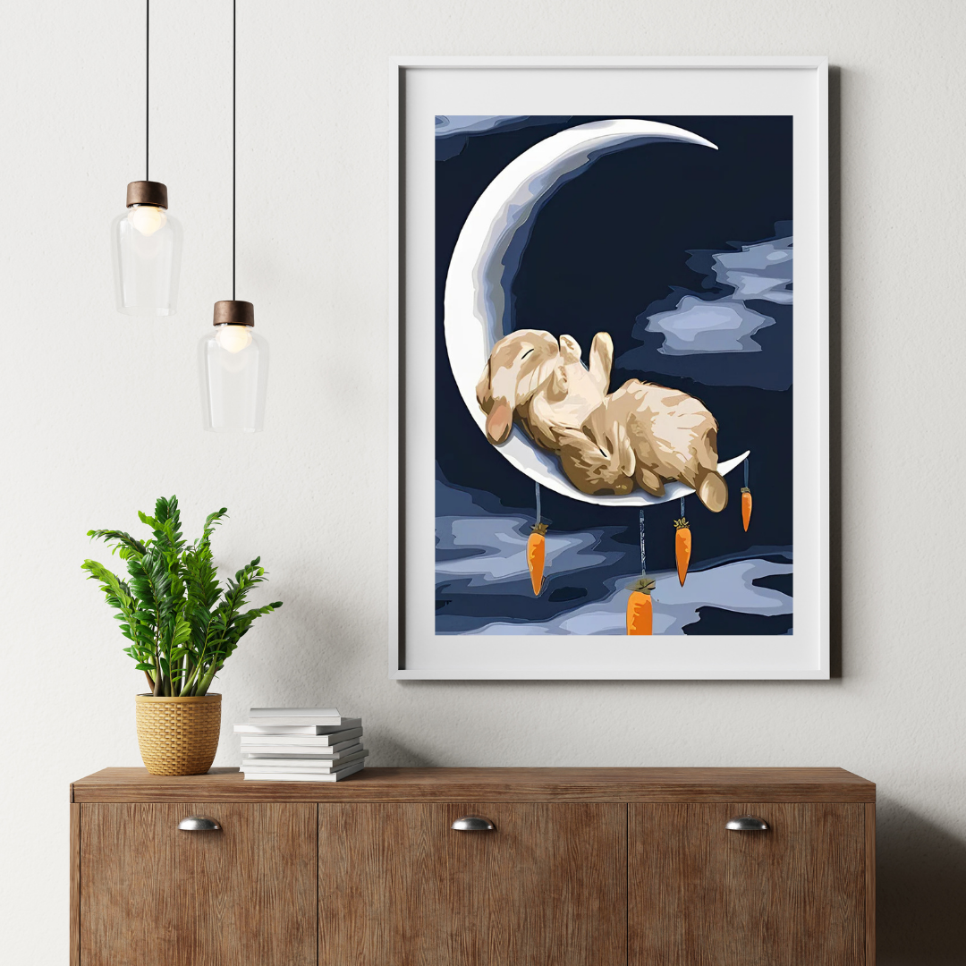 Malen nach Zahlen - Kaninchen auf dem Mond und Karotten